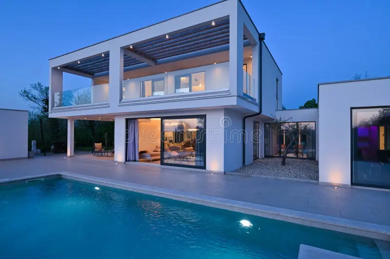 Luxury villa interior with plywood and glass finishes